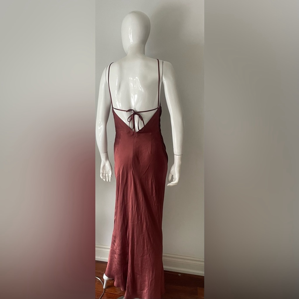 Shona Joy Thalia Gathered Bias Midi Dress Size 6 | Rust Satin Open Back Formal - Picture 3 of 8